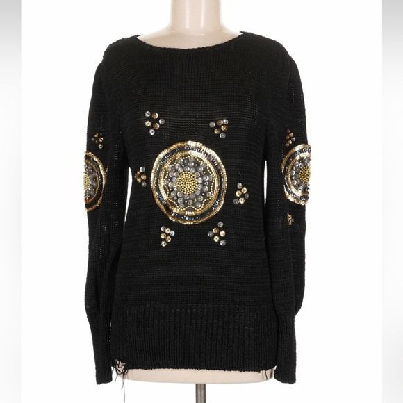 Cache Sweaters - Cache Ipen Knit Lightweight Black Sweater with Gold Embellishments